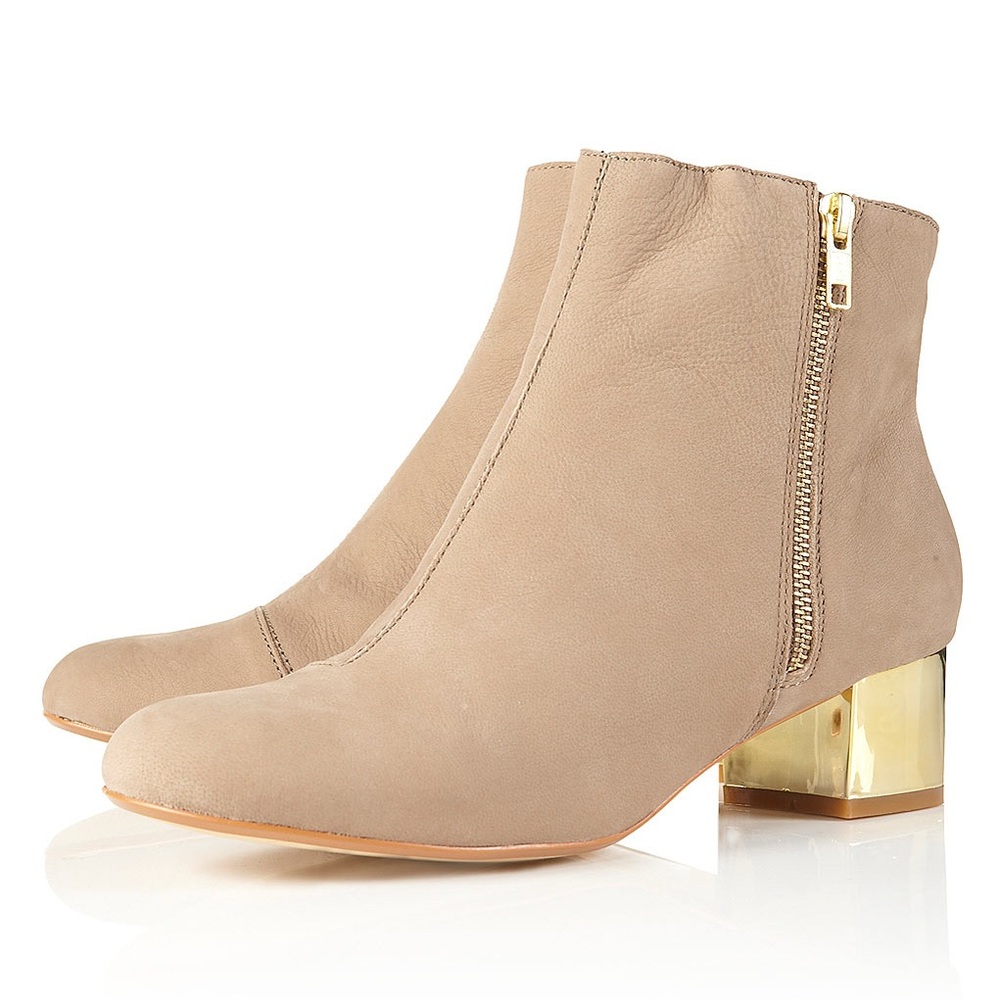 TOPSHOP ADORN LEATHER CHELSEA BOOTS TAUPE TAN GOLD HEELS UK 5 US 7.5 Y2K ROCK